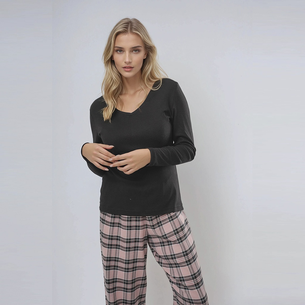 Ribbed Cotton V Neck Long Sleeve + Woven Pants Set 