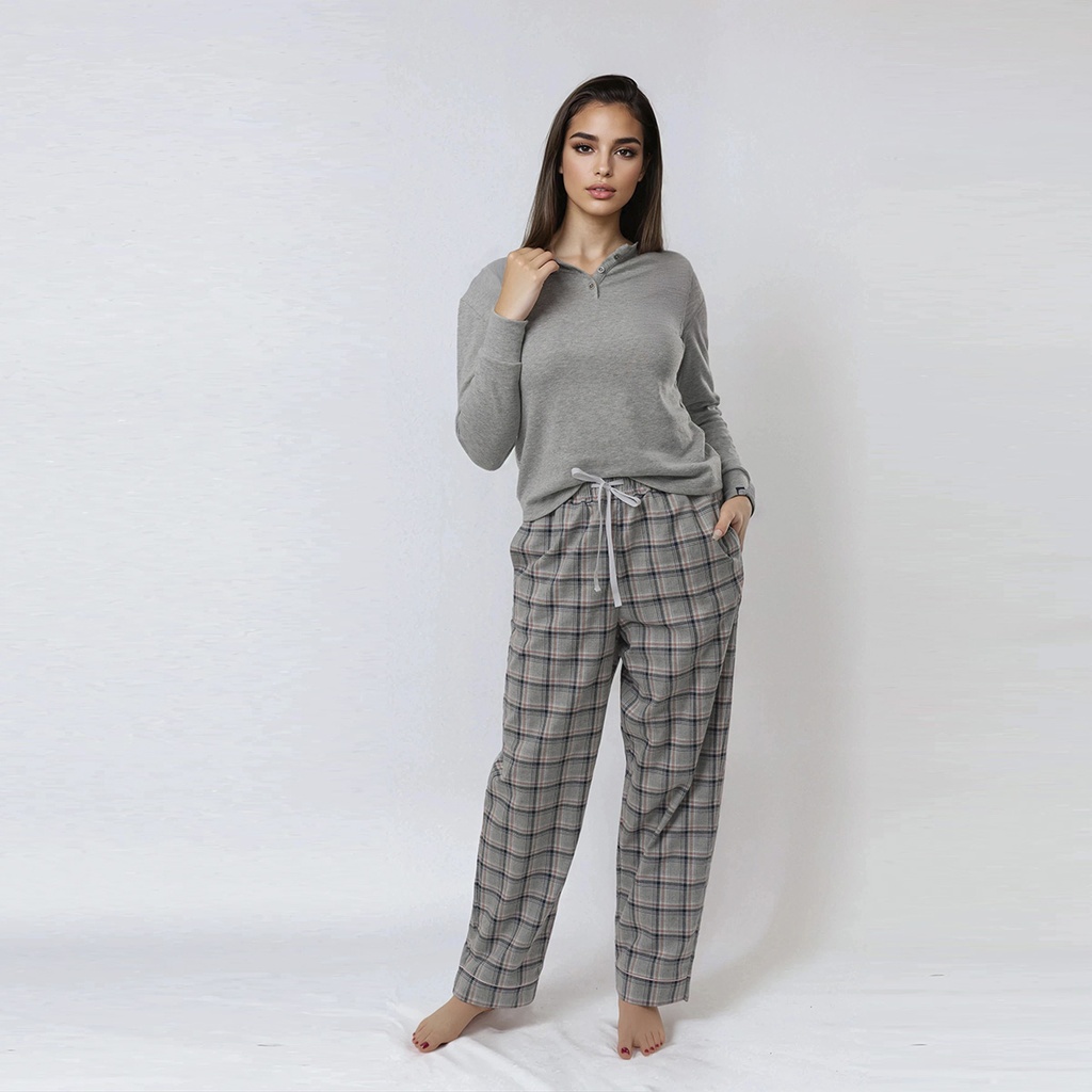 Ribbed Cotton Henley Long Sleeve + Woven Pants Set 